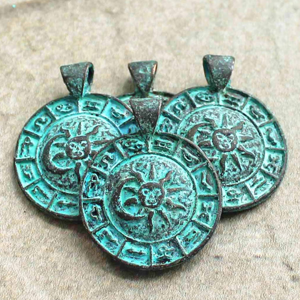 Zodiac Pendant Antique Copper Tone Mykonos Charm with Green Patina - BC1528