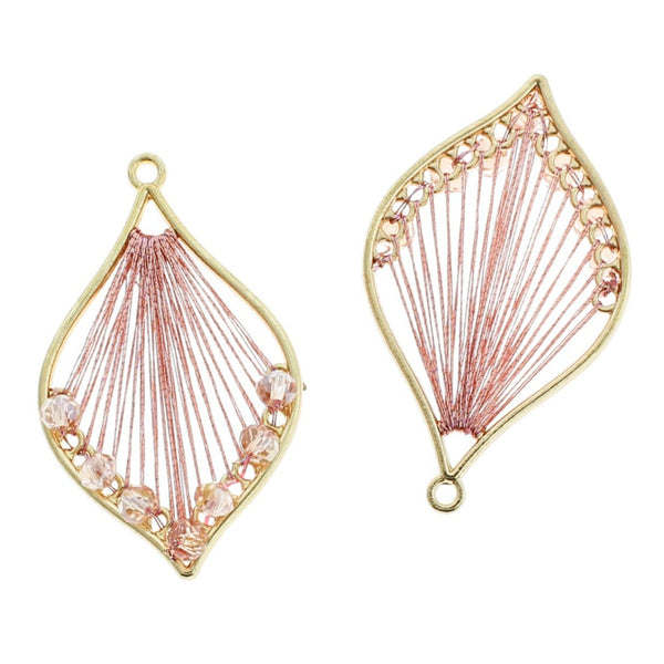 2 Pink Beaded Woven Gold Tone Pendants - TSP260