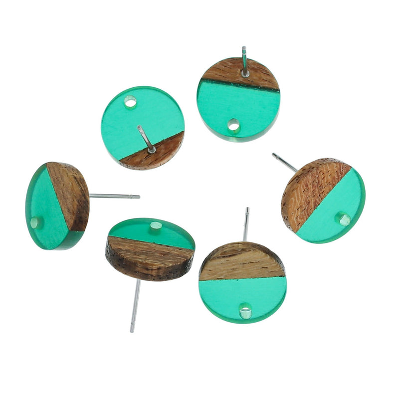 Wood Stainless Steel Earrings - Sea Green Resin Round Studs - 14mm - 2 Pieces 1 Pair - ER277