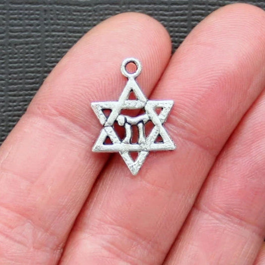 8 Star of David Antique Silver Tone Charms 2 Sided - SC918