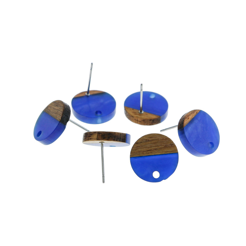 Wood Stainless Steel Earrings - Royal Blue Resin Round Studs - 14mm - 2 Pieces 1 Pair - ER286