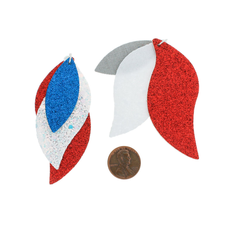 Imitation Leather Marquise Pendants - Glitter Patriotic Red, Blue and White - 1 Pair 2 Pieces - LP196