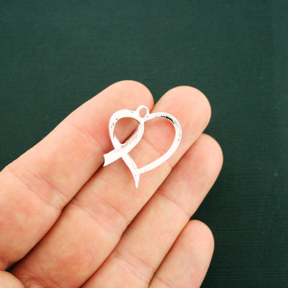 4 Awareness Ribbon Heart Charms Silver Tone With Inset Rhinestone - SC374