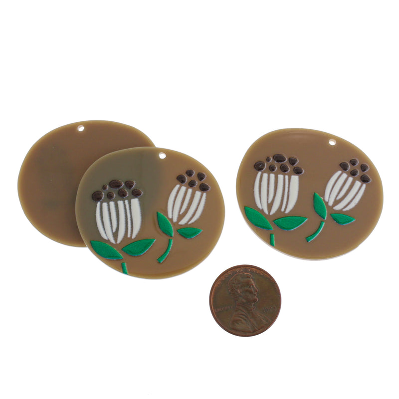 2 Brown Flower Acrylic Charms - K071