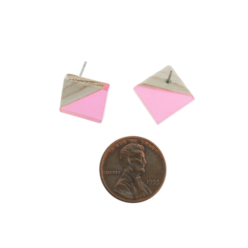 Boucles d'oreilles bois en acier inoxydable - clous losanges en résine rose clair - 18 mm x 17 mm - 2 pièces 1 paire - ER156