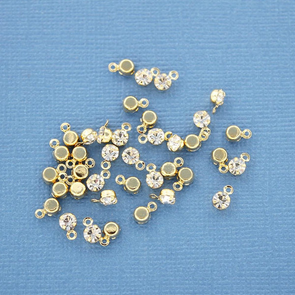 10 Clear Rhinestone Drop Gold Tone Brass Charms - BR031