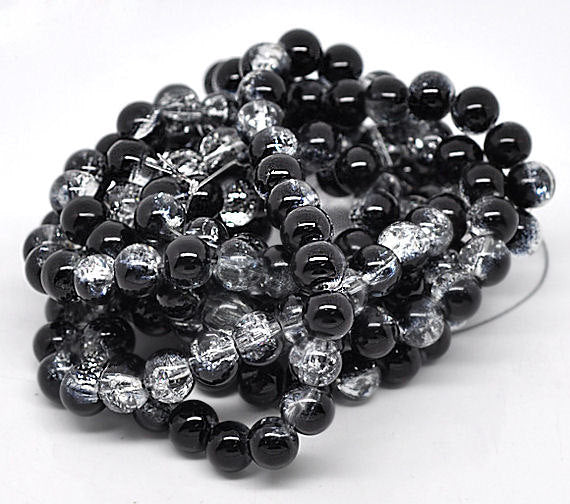Round Glass Beads 10mm - Crackle Midnight Black and Clear - 1 Strand 85 Beads - BD001