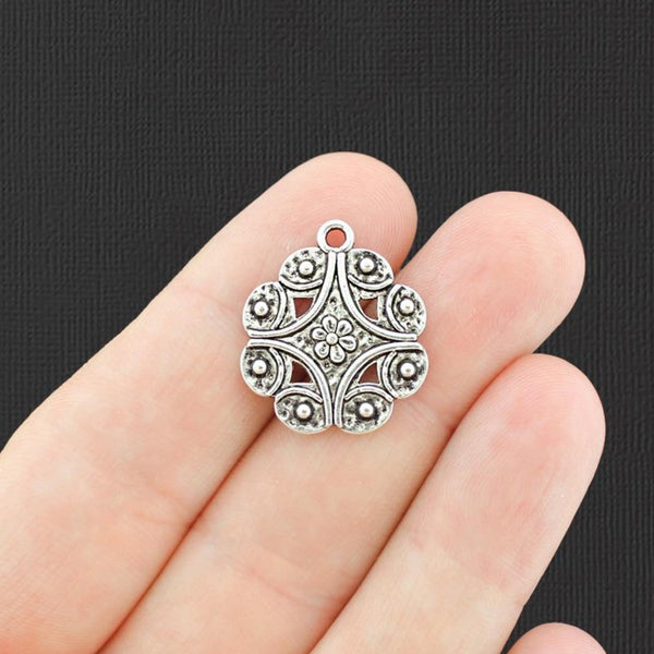10 Ornate Snowflake Antique Silver Tone Charms 2 Sided - SC6447