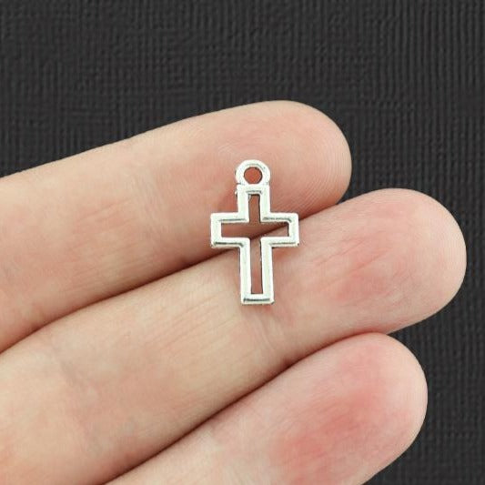15 Cross Outline Antique Silver Tone Charms 2 Sided - SC2970