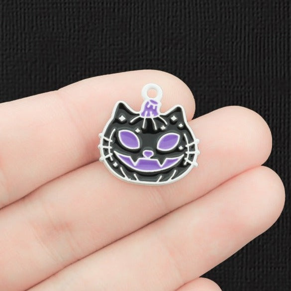 4 Pumpkin Cat Silver Tone Enamel Charms - E1369