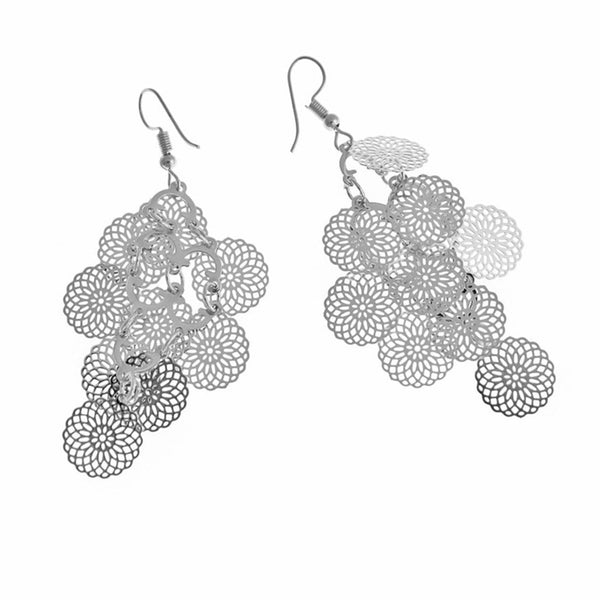 Boucles d'oreilles pendantes en laiton filigrane - Style crochet français argenté - 2 pièces 1 paire - ER597