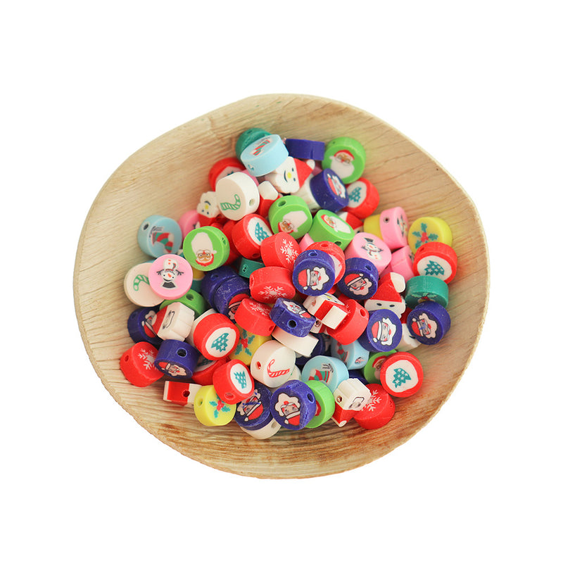 Flat Round Polymer Clay Beads 10mm x 5mm - Assorted Christmas - 25 Beads - BD676