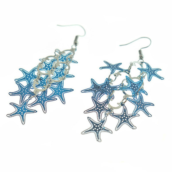 Boucles d'oreilles en acier inoxydable étoile de mer bleue - Style crochet français - 2 pièces 1 paire - ER605