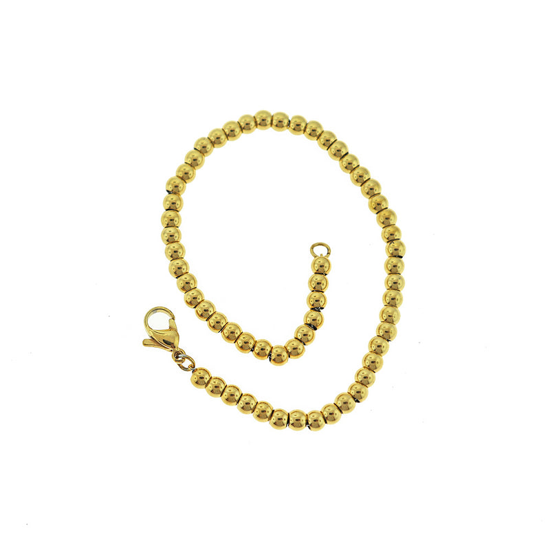 Gold Stainless Steel Cable Chain Bracelets With Spacer Beads 8" - 4mm - 5 Bracelets - N388