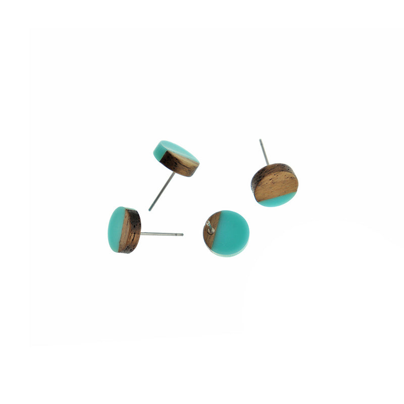 Wood Stainless Steel Earrings - Turquoise Resin Round Studs - 10mm - 2 Pieces 1 Pair - ER784