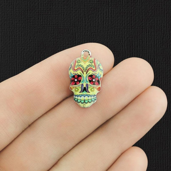 4 Floral Skull Silver Tone Enamel Charms - E1090