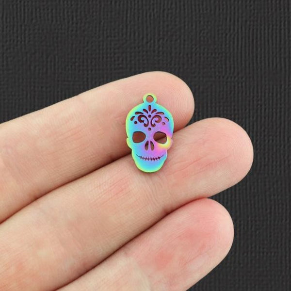 Floral Skull Rainbow Electroplated Stainless Steel Charm - SSP139