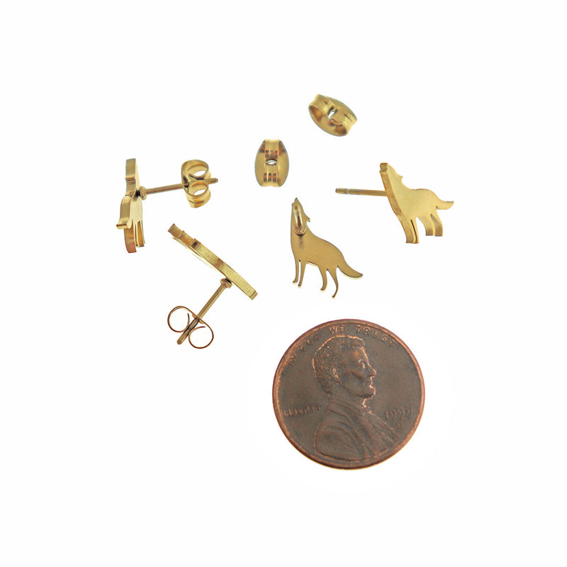 Boucles d'oreilles en acier inoxydable doré - clous de loup - 11 mm x 10 mm - 2 pièces 1 paire - ER819