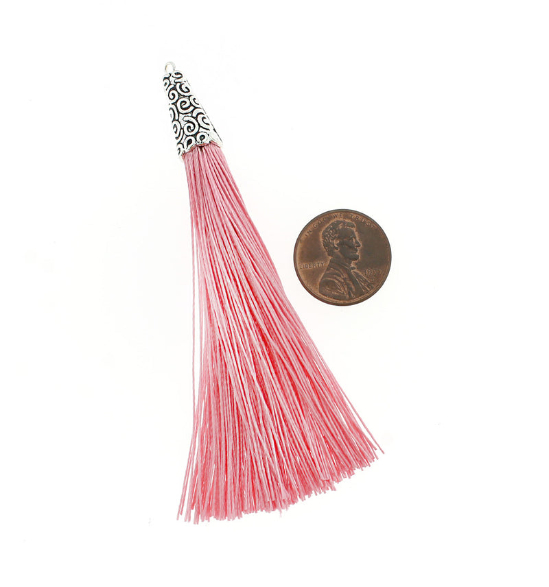 Polyester Tassel with Cap - Rose Pink and Silver Tone - 4 Pieces - TSP015