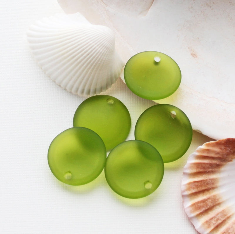 2 Olive Green Round Cultured Sea Glass Charms - U098