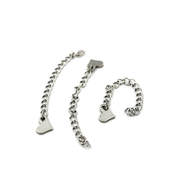 Chaînes d'extension argentées avec goutte de coeur - 60 mm x 3,0 mm - 20 pièces - FD338