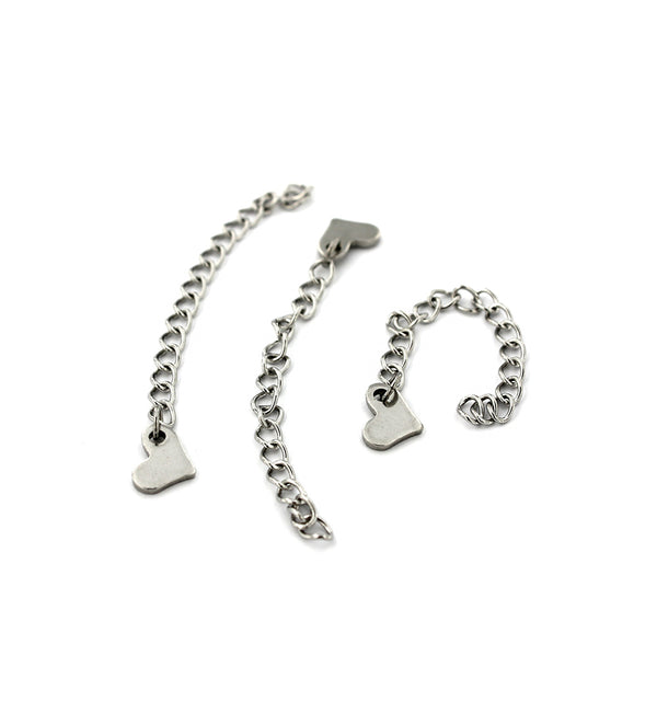 Silver Tone Extender Chains With Heart Drop - 60mm x 3.0mm - 4 Pieces - FD338