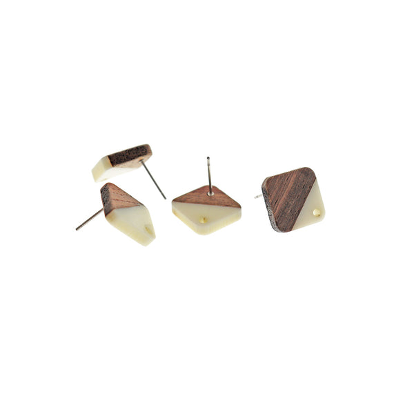 Wood Stainless Steel Earrings - White Resin Rhombus Studs - 17mm x 17mm - 2 Pieces 1 Pair - ER702
