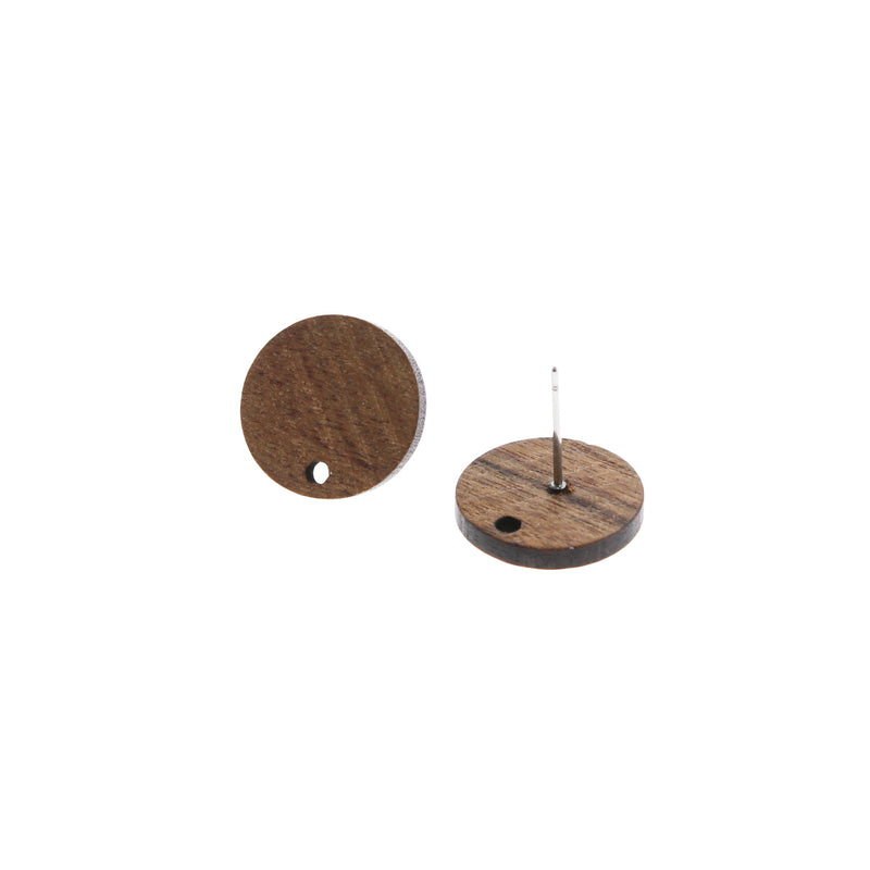 Wood Stainless Steel Earrings - Flat Round Studs - 15mm x 15mm - 2 Pieces 1 Pair - ER024