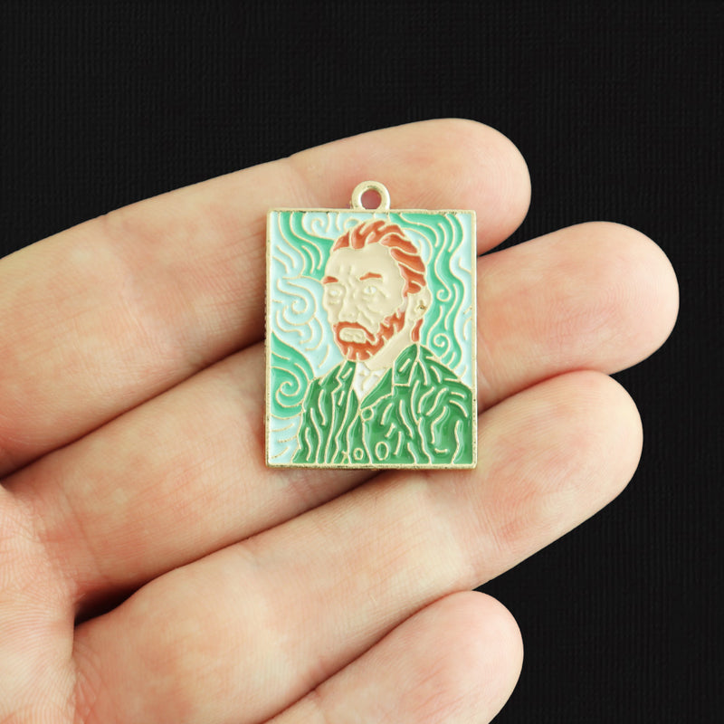 2 Van Gogh's Self Portrait Gold Tone Enamel Charms - E503