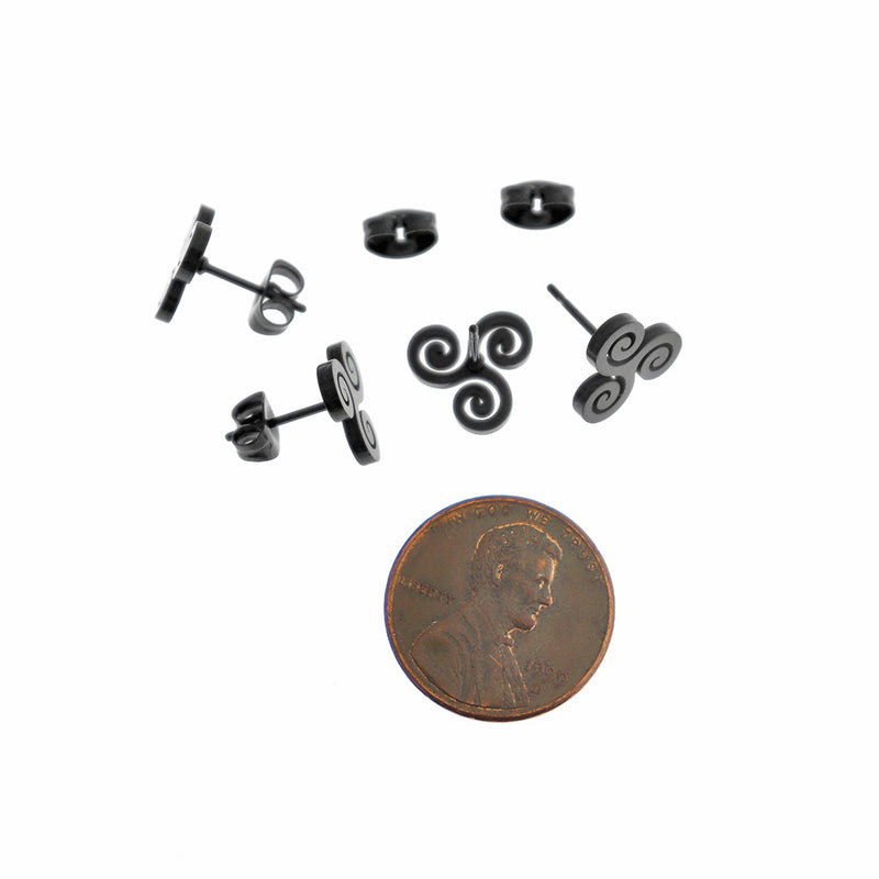 Black Tone Stainless Steel Earrings - Triskele Triple Spiral Studs - 10mm - 2 Pieces 1 Pair - ER892