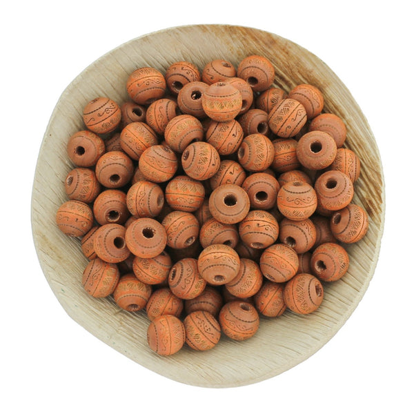 Round Wooden Beads 10mm - Natural Brown Leaf Pattern - 10 Beads - BD046