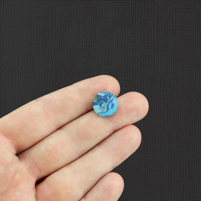 8 breloques rondes en résine d'acétate de marbre bleu océan - K389
