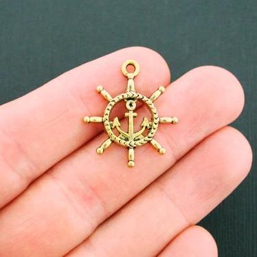 6 Ships Wheel Antique Gold Tone Charms - GC884