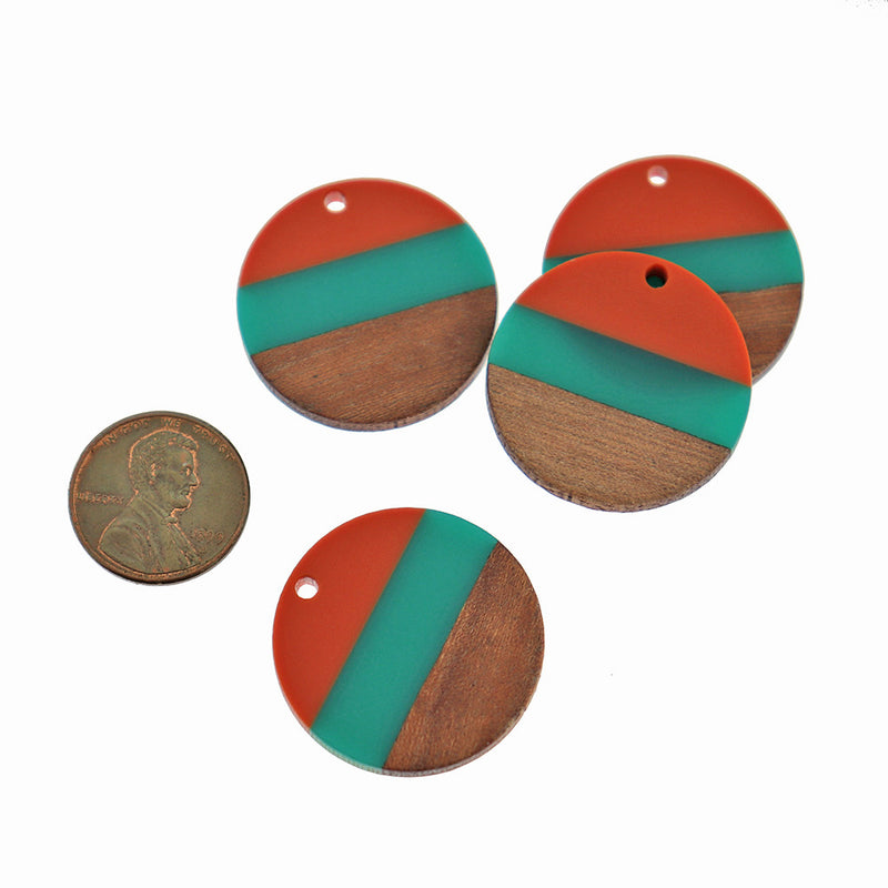 Round Natural Wood and Orange & Turquoise Resin Charm 28mm - WP124