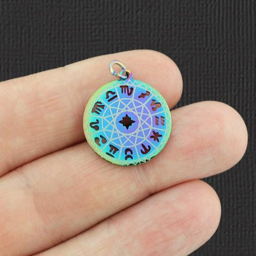 Zodiac Symbol Disc Rainbow Electroplated Stainless Steel Charm - SSP126
