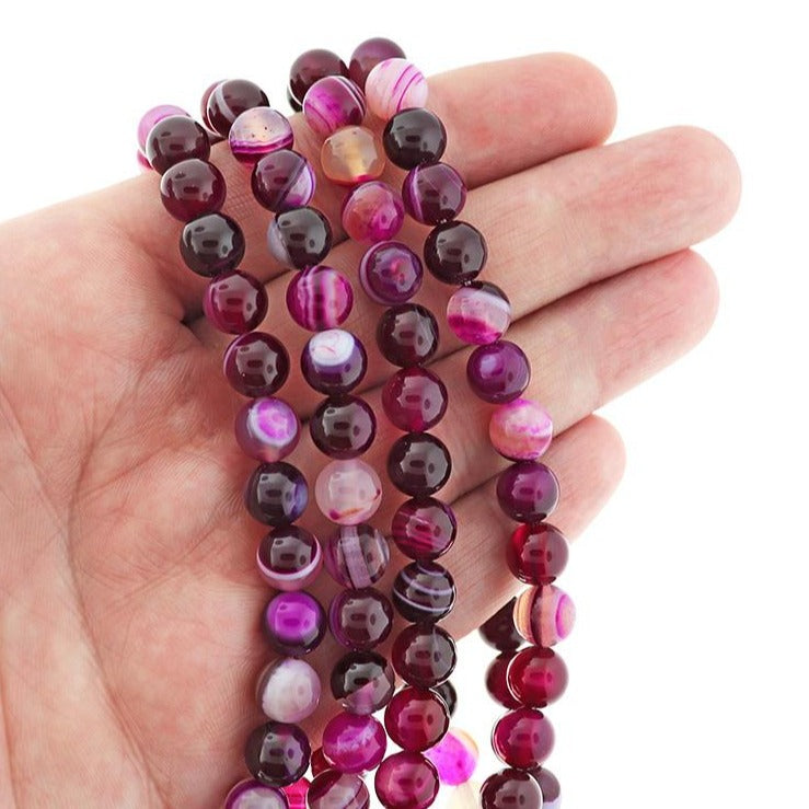 Round Natural Agate Beads 8mm - Fuchsia - 1 Strand 43 Beads - BD2467