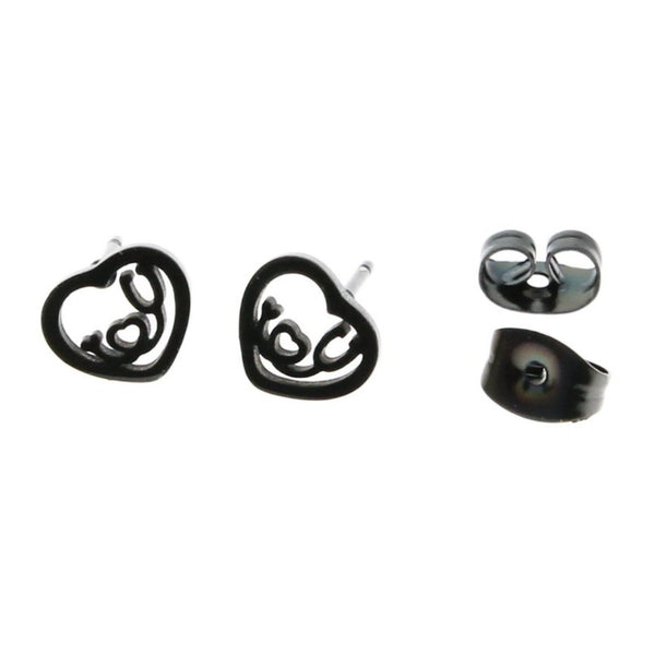 Gunmetal Black Stainless Steel Earrings - Stethoscope Heart Studs - 8mm x 6mm - 2 Pieces 1 Pair - ER062