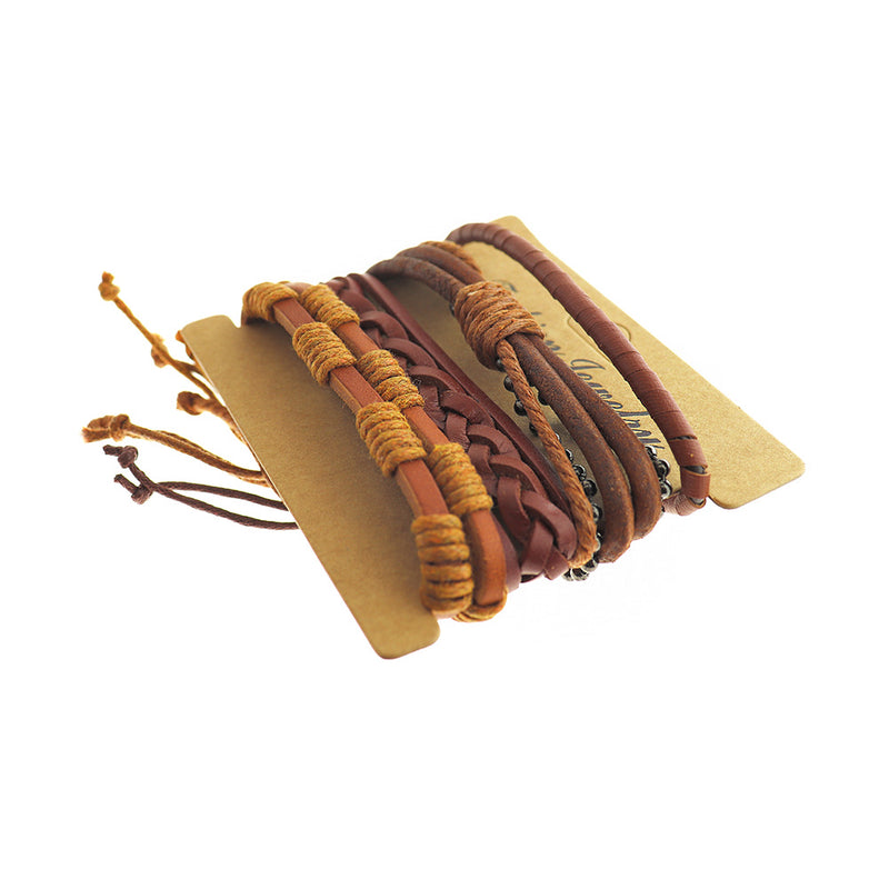 Assorted Brown Imitation Leather Adjustable Bracelet 2.3" - 5mm - 1 Set 4 Bracelets - N822