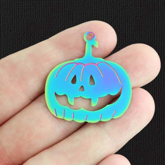 2 Pumpkin Rainbow Electroplated Stainless Steel Charms 2 Sided - SSP484