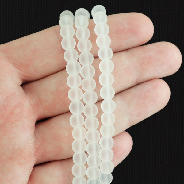 Round Cultured Sea Glass Beads 6mm - Frosted White - 1 Strand 32 Beads - U222
