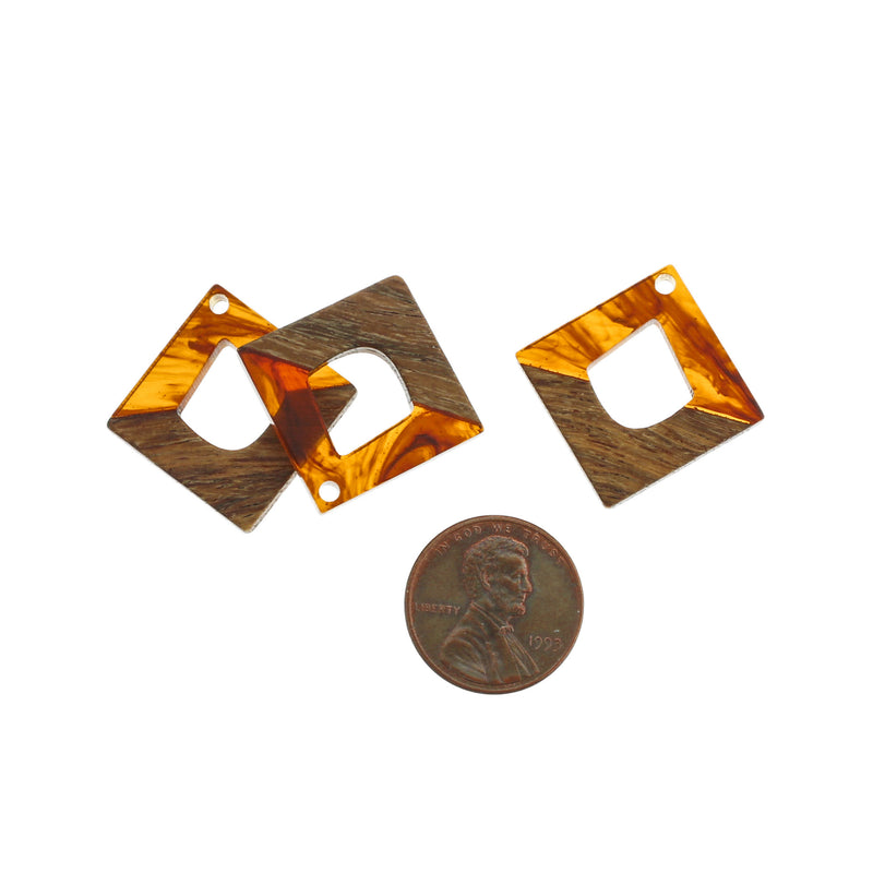 2 Rhombus Natural Wood and Brown Swirl Resin Charms 27mm - WP382