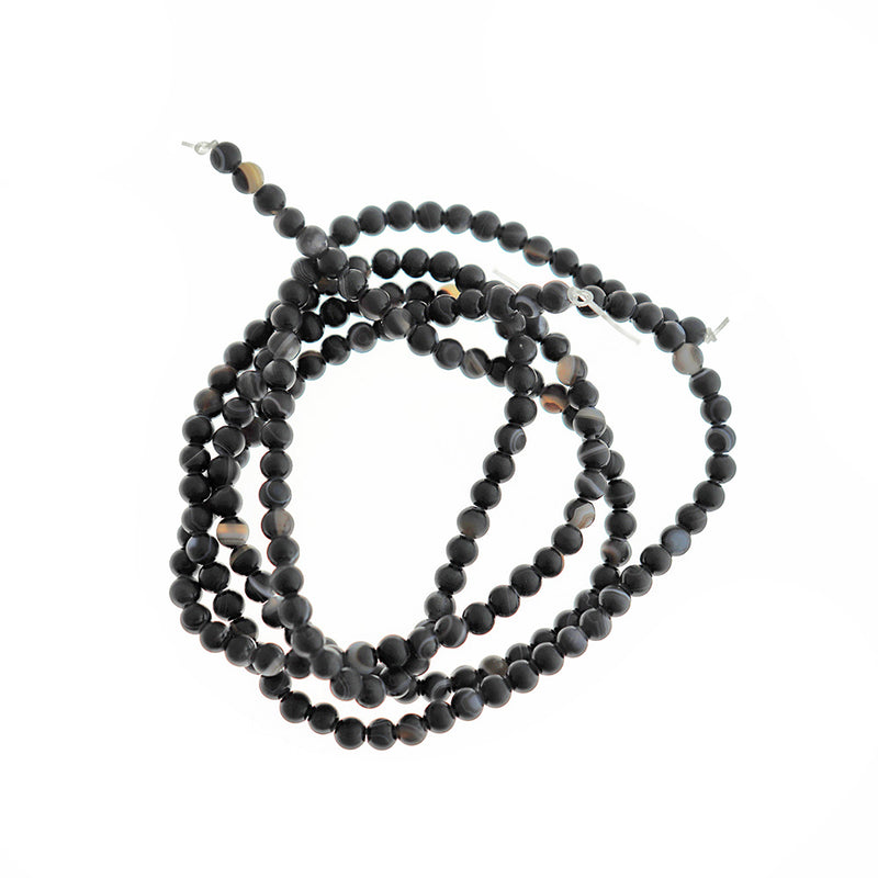 Round Natural Agate Beads 4mm - Frosted Black Marble - 1 Strand 96 Beads - BD1461
