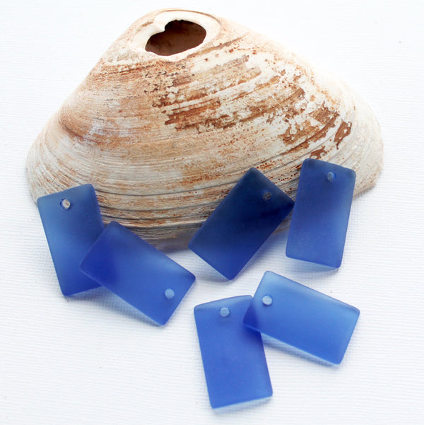 2 Deep Blue Curved Rectangle Cultured Sea Glass Charms - U049