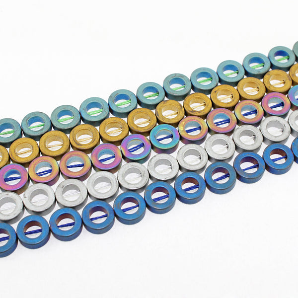 Open Circle Hematite Beads 8mm x 3mm - Assorted Frosted Colors - 25 Beads - BD1377