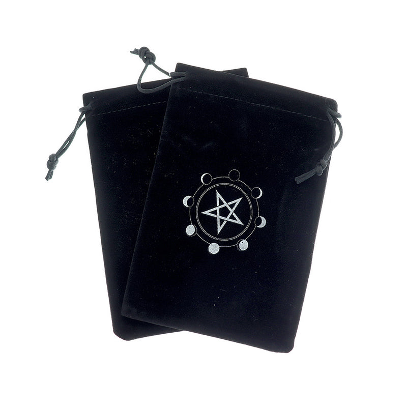 Velvet Drawstring Bag 18cm x 12cm Black with Pentagram and Moon Phase Jewelry Pouch - TL215