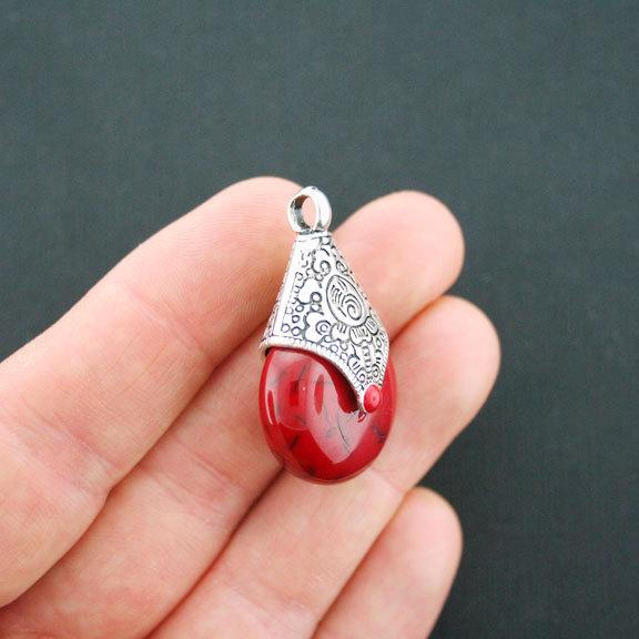 Drop Pendant Antique Silver Tone with Red Resin - SC5061