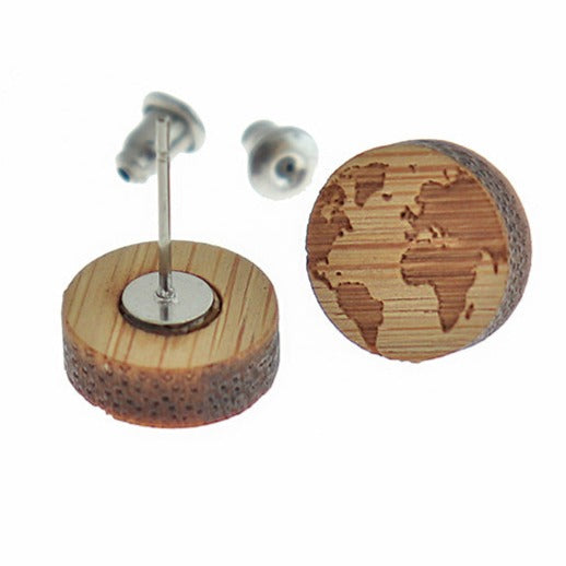 Wood Stainless Steel Earrings - World Studs -12mm - 2 Pieces 1 Pair - ER480