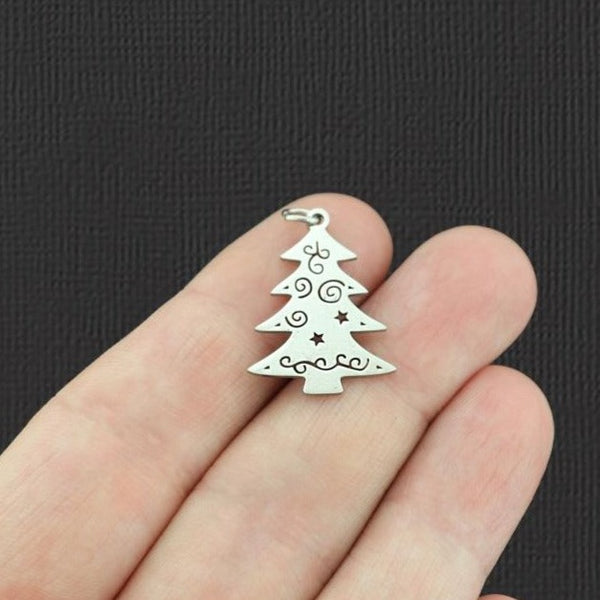2 Christmas Tree Silver Tone Stainless Steel Charms 2 Sided - SSP033