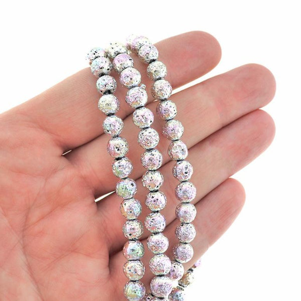 Round Lava Beads 6mm - Electroplated Silver - 1 Strand 60 Beads - BD1400