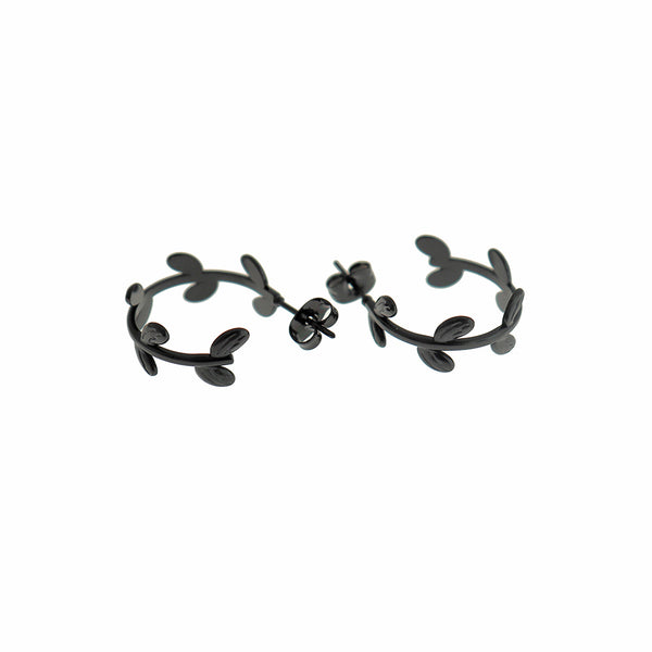 Black Tone Stainless Steel Earrings - Vine Hoop Studs - 22mm x 8mm - 2 Pieces 1 Pair - ER844